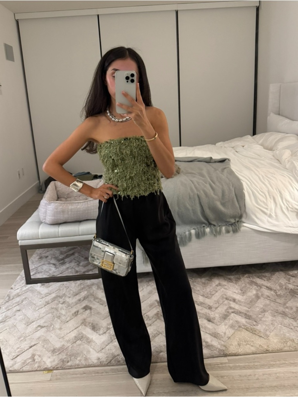 Olive Green Sequin Fringe Strapless Top